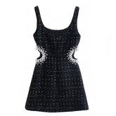 Black Crystal Pearl Embellished Tweed Cut Out Bodycon Mini Dress